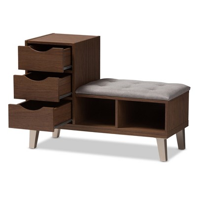 Walnut Wood & Light Gray Fabric 3-Drawer Shoe Storage Bench