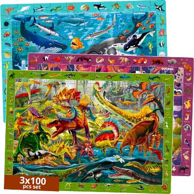 QUOKKA 100 Pieces Puzzles for Kids -  Search & Find Floor Puzzles for Kids - 3x SET Forest Ocean Dino Jigsaw Puzzle