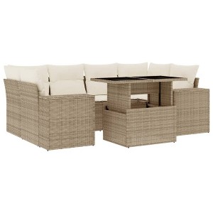 vidaXL Patio Sofa Set with Cushions Outdoor Furniture 7 Piece Poly Rattan - Beige and Cream Without Storage - 1 of 4