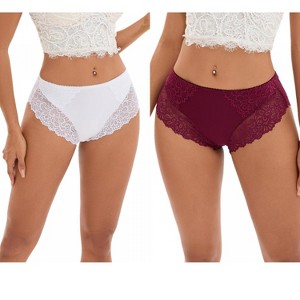 INSPIRE CHIC 2 Pcs Women's Wide Lace Trim Mid-Waisted Underwear Plus Size Full Coverage Comfortable Briefs - 1 of 4