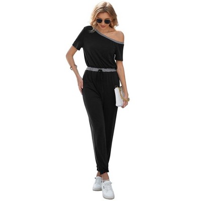 Women's Off Shoulder Jumpsuit Stretchy Airport Outfits Jogger Pants Jumpsuit with Pocket