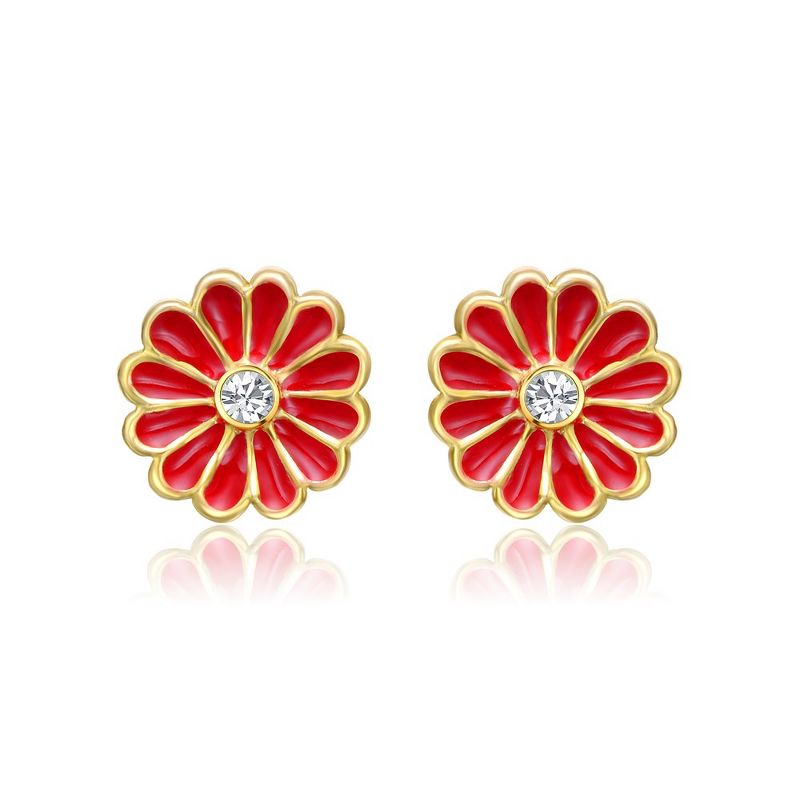 14k Gold Plated Clear Crystal & Red Enamel Flower Stud Earrings, 1 of 4