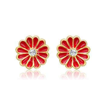 14k Gold Plated Clear Crystal & Red Enamel Flower Stud Earrings