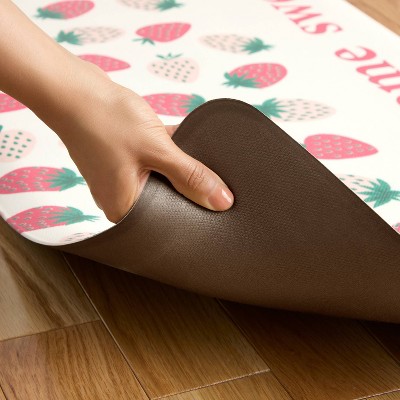 Home Sweet Home Pink and Green PVC Kitchen Mat with Strawberry Pattern