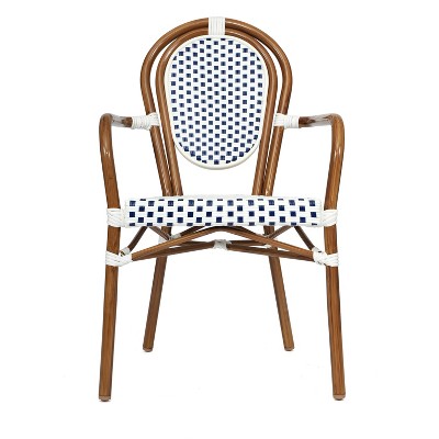 White and Navy Rattan Dining Chair with Brown Aluminum Frame