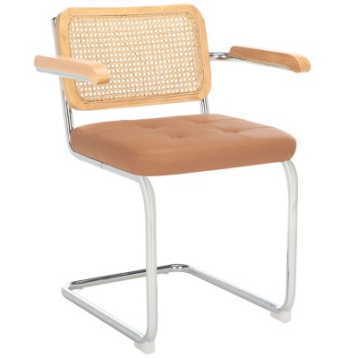 Cognac Faux Leather and Natural Rattan Arm Chair with Chrome Legs