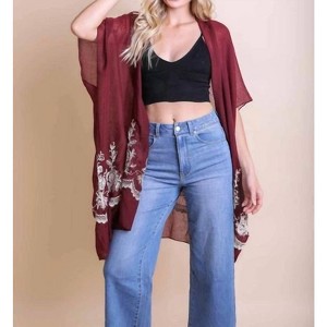 Women's Lightweight Floral Embroidered Tassels Boho Festival Duster Wrap - LETO - 1 of 2