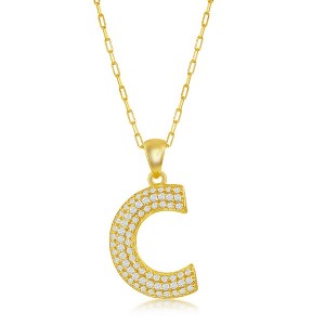 Bella Silver Sterling Silver Micro Pave CZ Block Initial w/Paperclip Chain Gold Plated 18" Pendant Necklace - 1 of 2