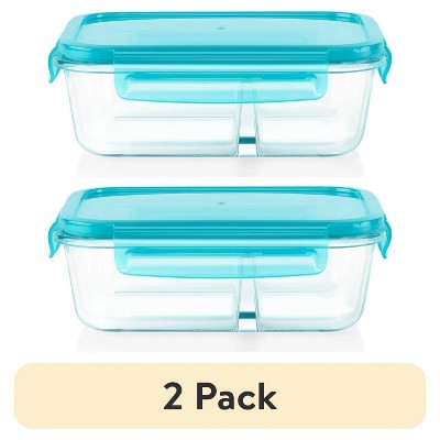 LunaLulinlk (2 pack) MealBox 4-cup Divided Glass Food Storage Container with Turquoise Lid