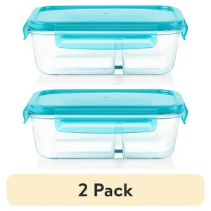 LunaLulinlk (2 pack) MealBox 4-cup Divided Glass Food Storage Container with Turquoise Lid - 1 of 4