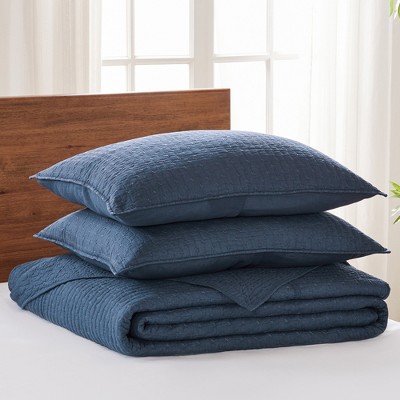 Navy Cotton Twin Reversible Cross Stitch Bedspread Set