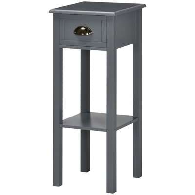 Gray Wooden Narrow End Table with Drawer and Shelf