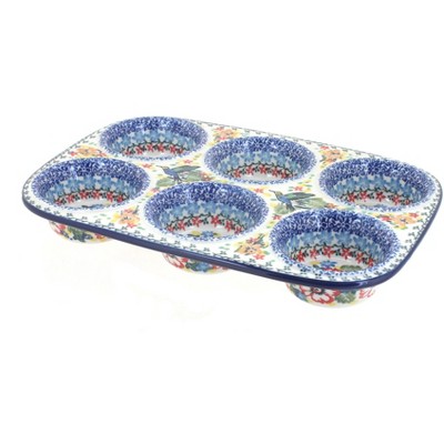 Blue Rose Polish Pottery Hummingbird Muffin Pan