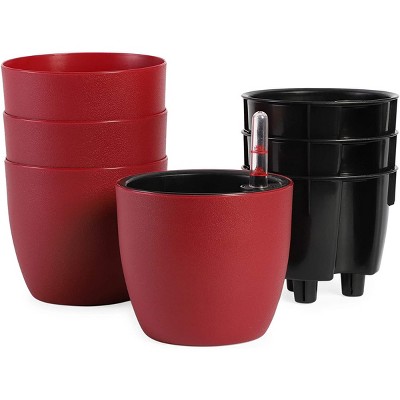 Juvale 4 Pack Self Watering Planter Pots with Water Level Indicator for Indoor & Outdoor Plant, Red 4.3 in