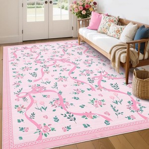 Floral Area Rug Machine Washable Rug For Playroom,Cute Throw Carpet For Girls,Low Pile Non Slip Non Shedding Rug - 1 of 4