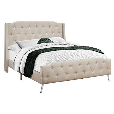 Monarch Specialties Bed, Queen Size, Bedroom, Upholstered, Beige Linen Look, Chrome Metal Legs, Transitional