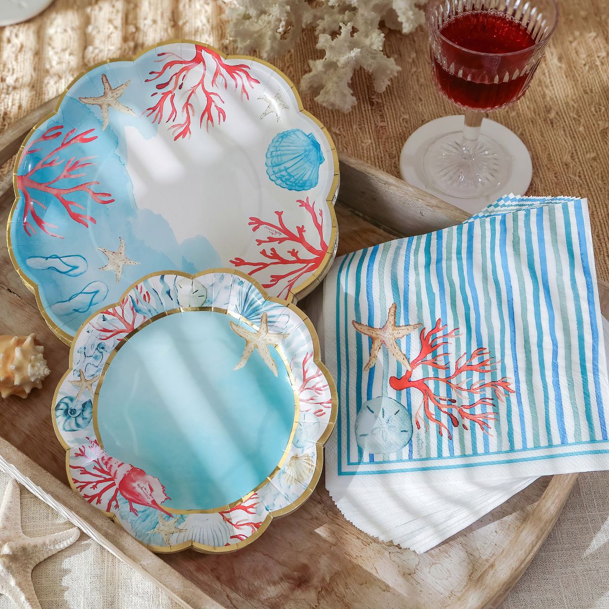 Kate Aspen Beach Party 62 Piece Coastal Party Tableware Set, Birdal Shower Decorations Plates & Napkins, Vibrant Floral Nautical (16 Guests) - thumbnail 4