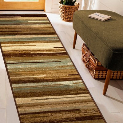 Taupe and Brown Striped Synthetic Runner Rug, 2'7"x8'
