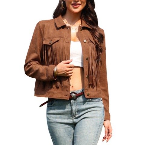 INSPIRE CHIC Women's Turndown Collar Faux Suede Fringe Button Down Long Sleeve Vintage Crop Jackets Medium Brown