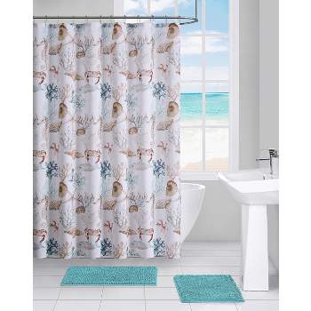 Kate Aurora Seaside Villa Mosaic Coastal Seahorses & Coral Fabric Shower Curtain