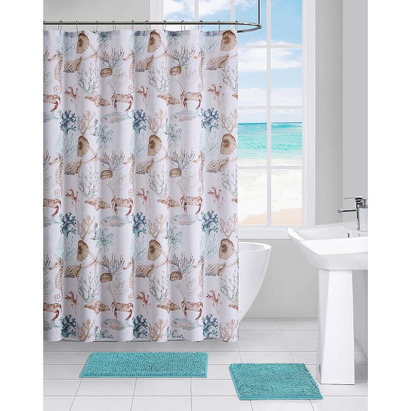 Kate Aurora Seaside Villa Mosaic Coastal Seahorses & Coral Fabric Shower Curtain, 1 of 2