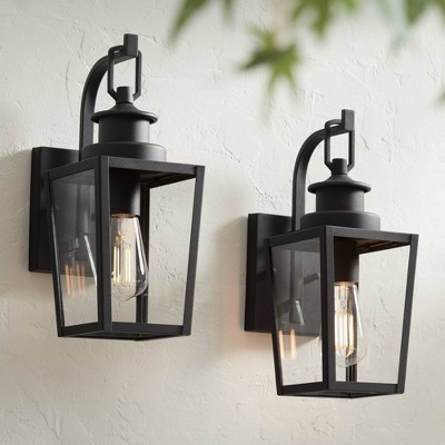 Set of 2 Black Painted Glass Outdoor Lantern Wall Lights