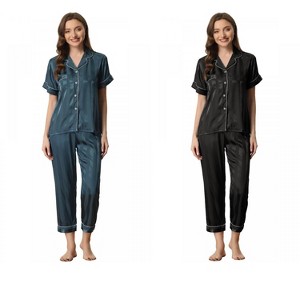 INSPIRE CHIC Women's 4 Pcs Satin Short-Sleeve Button-Up Sleepwear & Long-Pants Pajama Set - 1 of 4