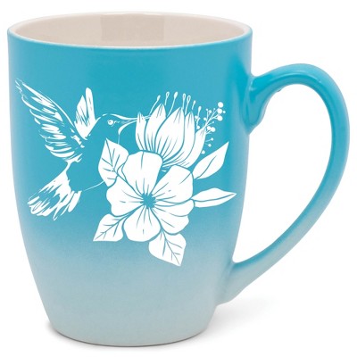 Elanze Designs Hummingbird Flower Two Toned Ombre Matte Pale Blue and White 12 ounce Ceramic Stoneware Coffee Cup Mug
