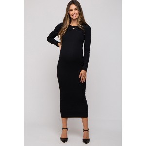 PinkBlush Black Ribbed Fitted Long Sleeve Maternity Midi Dress - 1 of 4