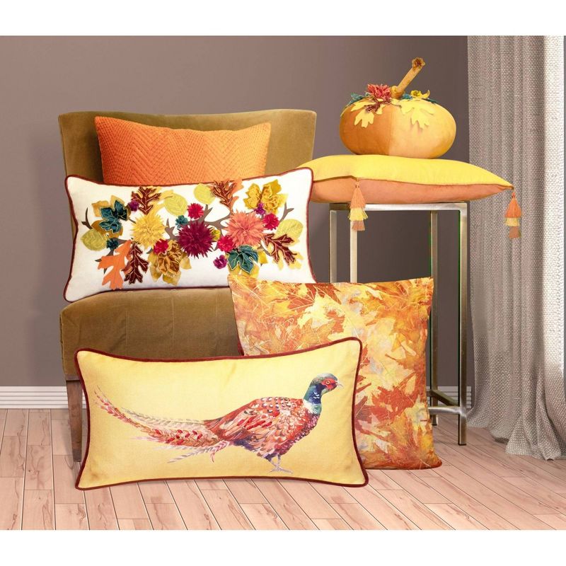 7&#34;x14&#34; Dimensional Velvet Pumpkin with Embroidered Leaves Throw Pillow Orange - Edie@Home, 5 of 9