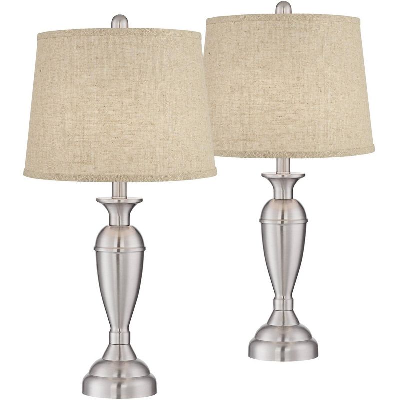 Regency Hill Blair Traditional Table Lamps 25" High Set of 2 Brushed Nickel Burlap Drum Shade for Bedroom Living Room Bedside Nightstand Office House, 1 of 6