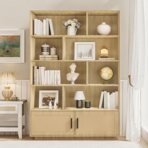 Garvee 5-Tier Bookshelf with Rattan Doors Wooden Bookcase Durable Accent Storage Shelf, Oak - 1 of 4