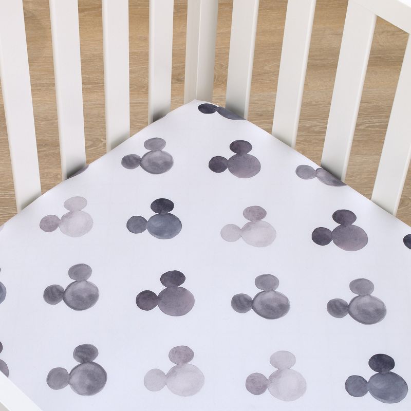Disney Mickey Mouse - Black, White and Gray Watercolor Mickey Ears Nursery Fitted Mini Crib Sheet, 3 of 7