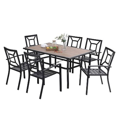 7pc Patio Dining Set with Rectangular Faux Wood Table with Umbrella Hole & Chairs - Captiva Designs