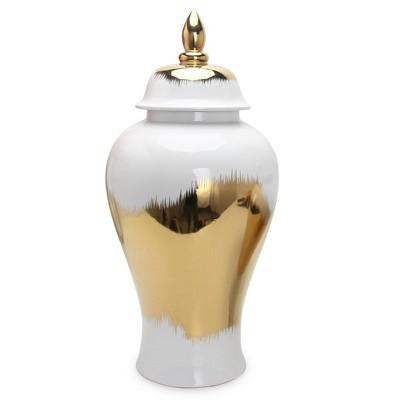 Gulches Decorative Vase - Regal White & Gold Ginger Jar with Lid (11.5")