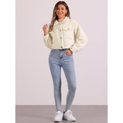Allegra K Women's Lapel Faux Fur Button Down Long Sleeve Casual Short Jackets Medium Beige — фото 4