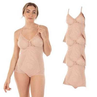 Body Beautiful Shapewear Power Mesh Shaping Bodysuit with Double front Panel Nylon Off-White Large/X Large, 3-Pack