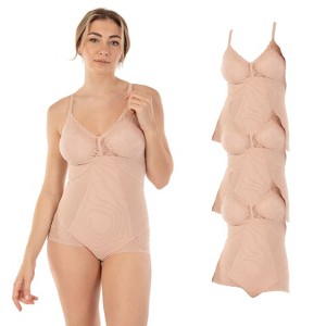 Body Beautiful Shapewear Power Mesh Shaping Bodysuit with Double front Panel Nylon Off-White Large/X Large, 3-Pack - 1 of 4
