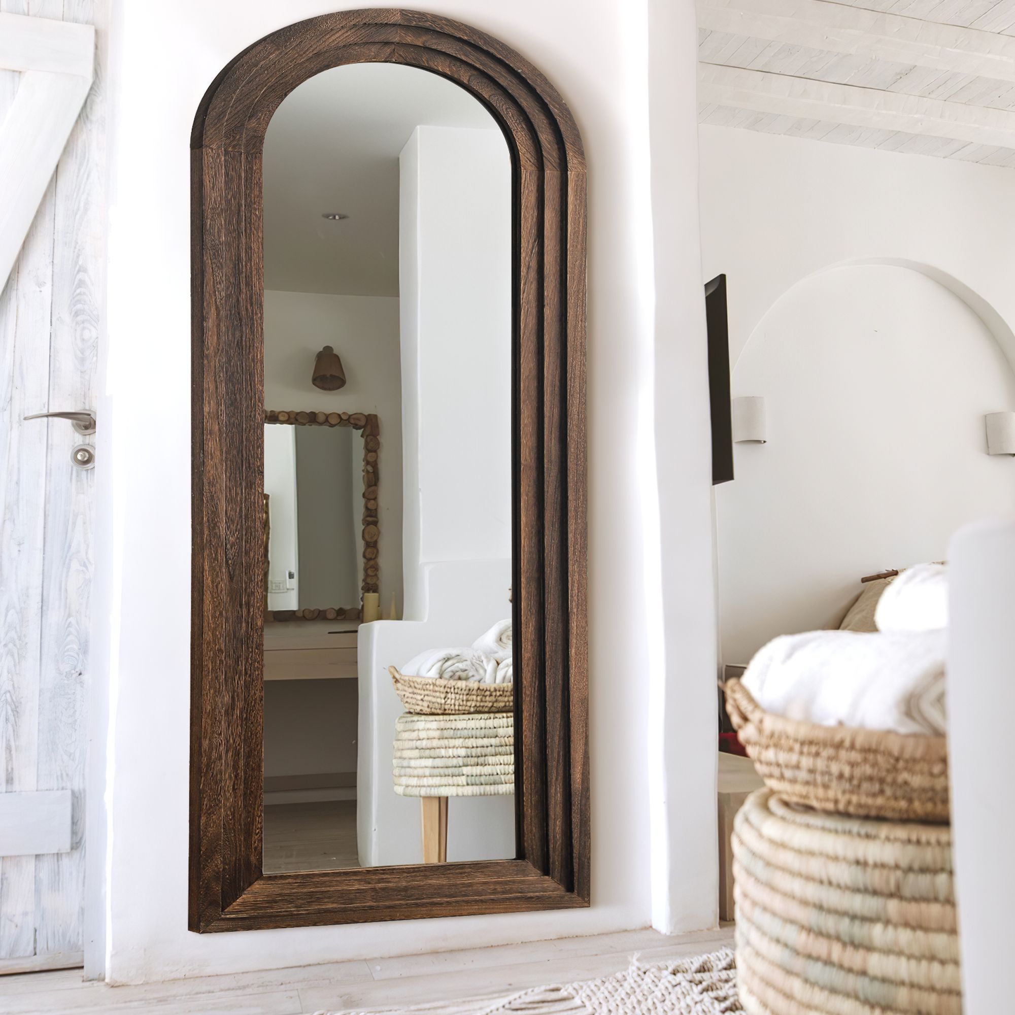 Dovelina Wood Frame Arch-Top Full Length Mirror Leaning Mirror - 71"x31",Brown