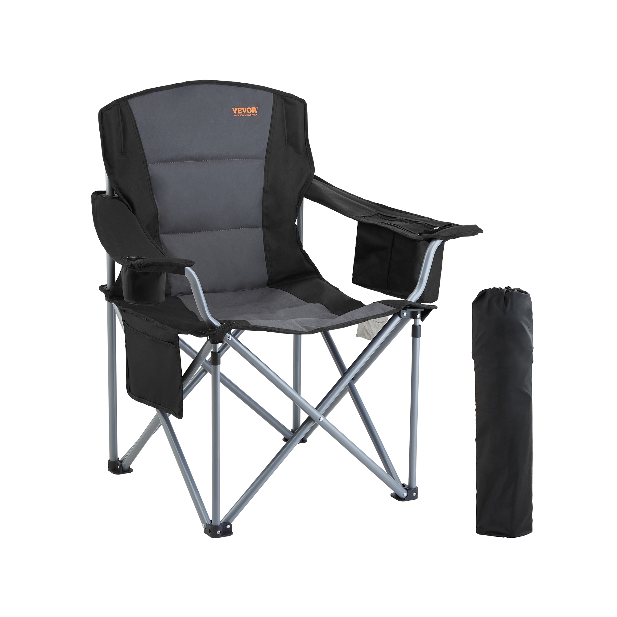 VEVOR Camping Folding Chair for Adults, Portable Heavy Duty Outdoor Quad Lumbar Back Padded Arm Chairs with Side Pockets, Cup Holder and Cooler Bag