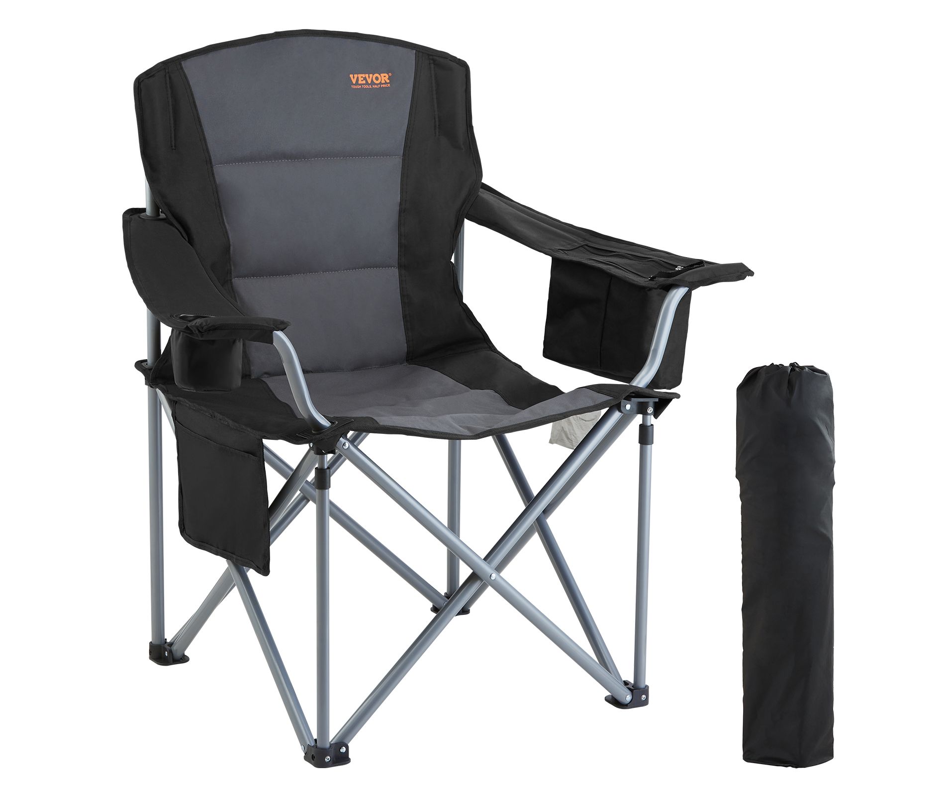 VEVOR Camping Folding Chair for Adults, Portable Heavy Duty Outdoor Quad Lumbar Back Padded Arm Chairs with Side Pockets, Cup Holder and Cooler Bag