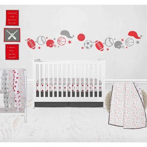 Bacati - Boys Baseball Muslin Red Gray 10 pc Crib Bedding Set with 4 Swaddling Blankets - 1 of 4