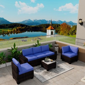 6-Piece PE Rattan Patio Sectional Set – Modular Outdoor Sofa, Coffee Table & Thick Cushions, Weatherproof for Poolside, Backyard - 1 of 4