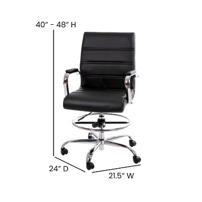 Mid-Back Black Leather Swivel Drafting Chair with Silver Frame