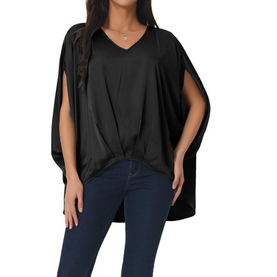 Seta T Women's Satin V Neck Batwing Short Sleeve Summer Loose High Low Hem Casual Blouse