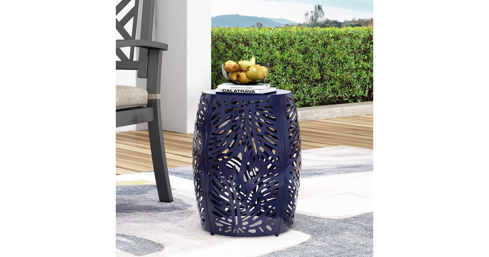 TUYOHW Modern Round Patio End Table,13.25 inch Iron Patio Side Table for Backyard,Pool, Indoor Companion,Durable and Stable,Navy Blue