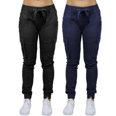 Jump Start Women's Loose  Fit  Cotton Flex Stretch Cargo Jogger Pants-2 Pack
