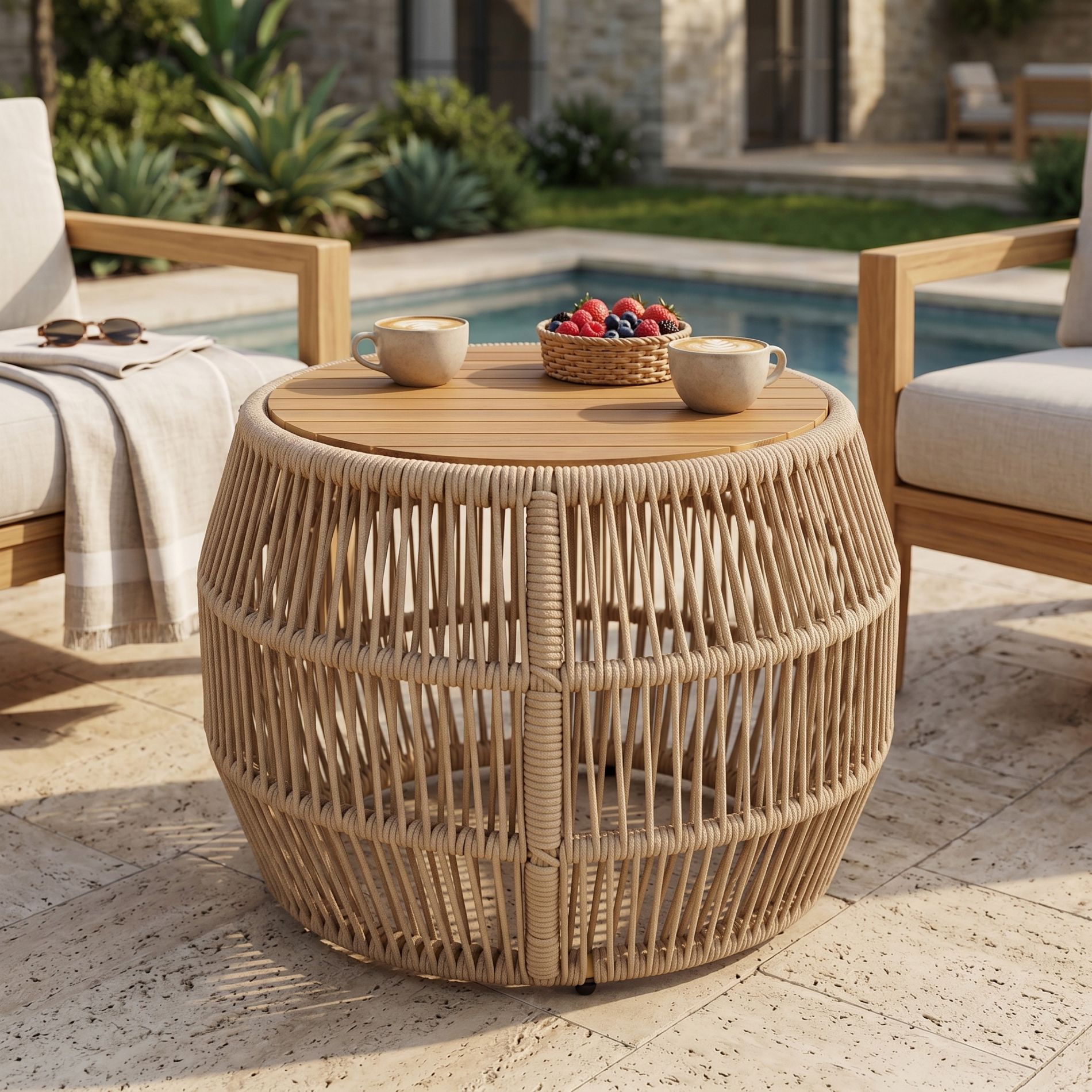 Christopher Knight Home Rexo Bohemian Acacia and Steel Patio Round Side Table with Rope Design, Teak/Light Beige