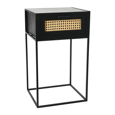 Compact Black Mango Wood Nightstand with Woven Cane Drawer