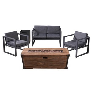 Christopher Knight Home Outdoor Aluminum 4 Seater Chat Set with Fire Pit, Gray/Brown - 1 of 4